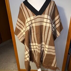 Lysse Plaid V Neck Poncho Sweater Fringe Trim Button Detail Brown Cream